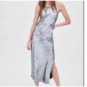 Zara metallic silver cross-back full length dress